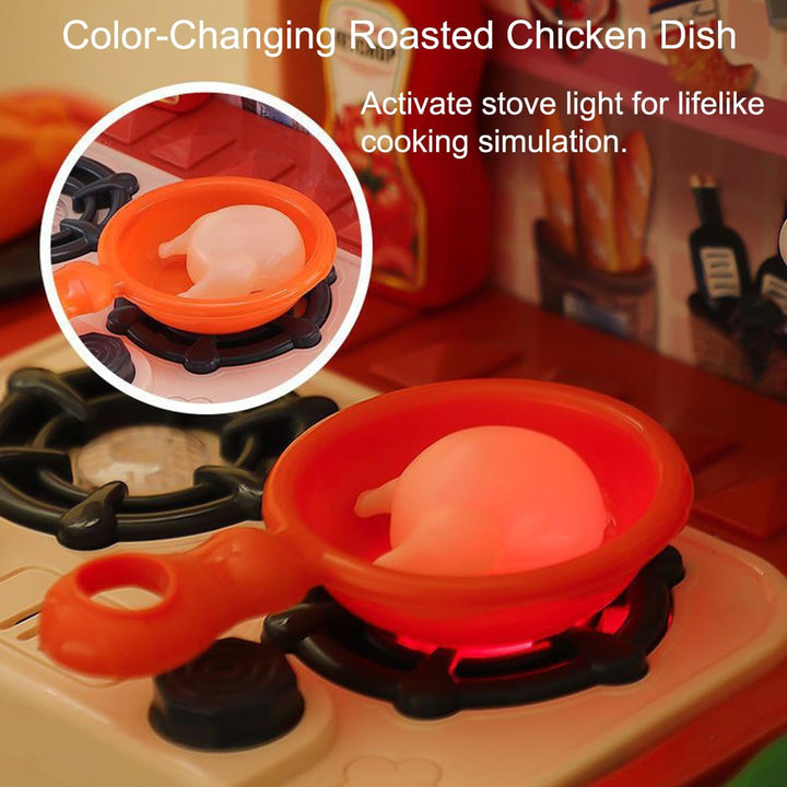 Toy chicken in an orange frying pan over the play stove&