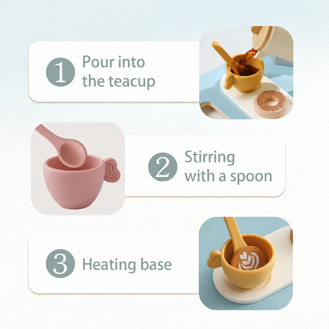 Pretend tea play steps showing pouring, stirring, and a cup on a play warming base
