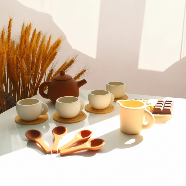 Pretend tea set with cream cups, yellow saucers, orange spoons, a teapot, and play snacks