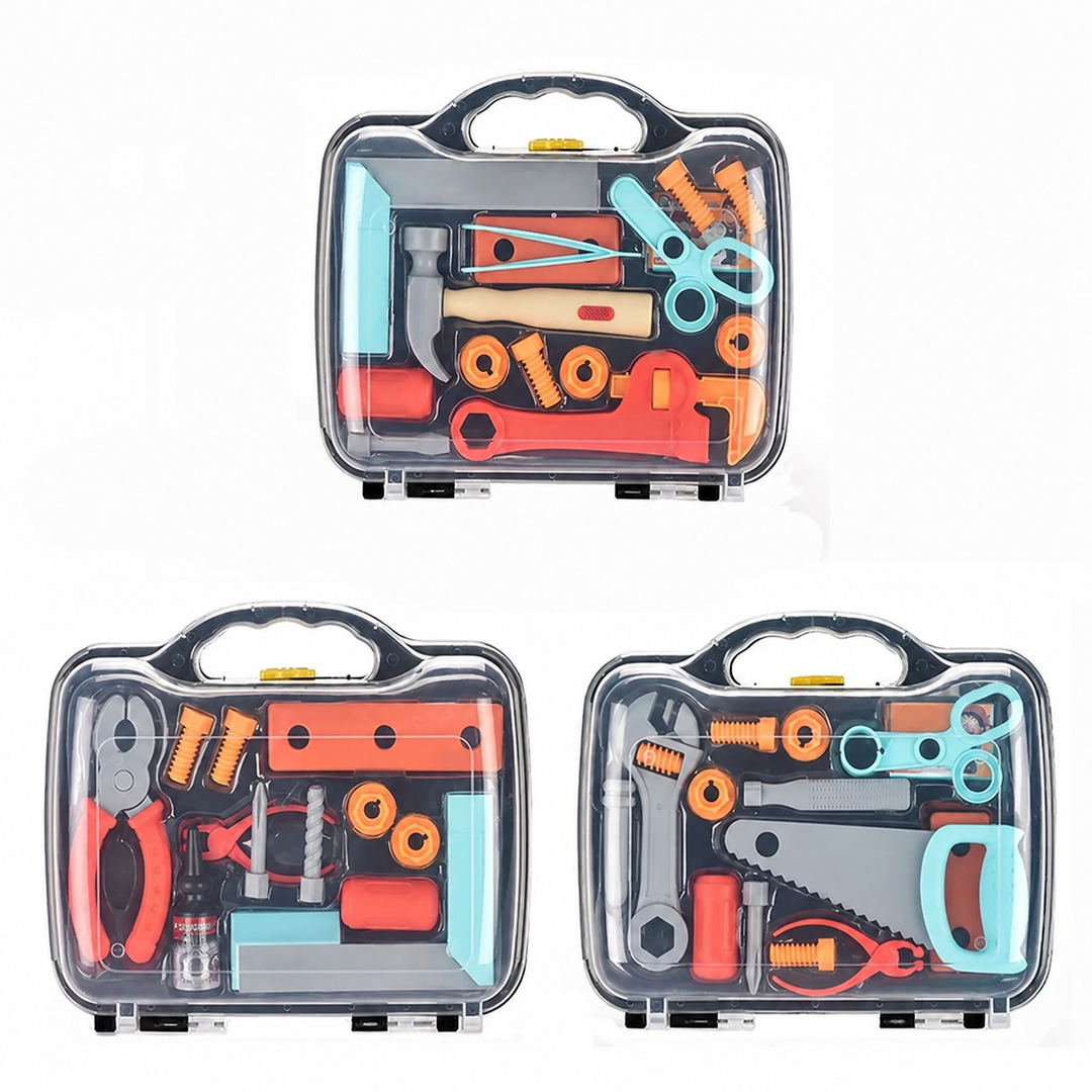 Three clear-front carrying cases filled with colorful pretend tools and play hardware