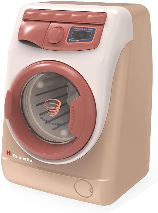 Beige toy washing machine with a pink circular door and control panel.