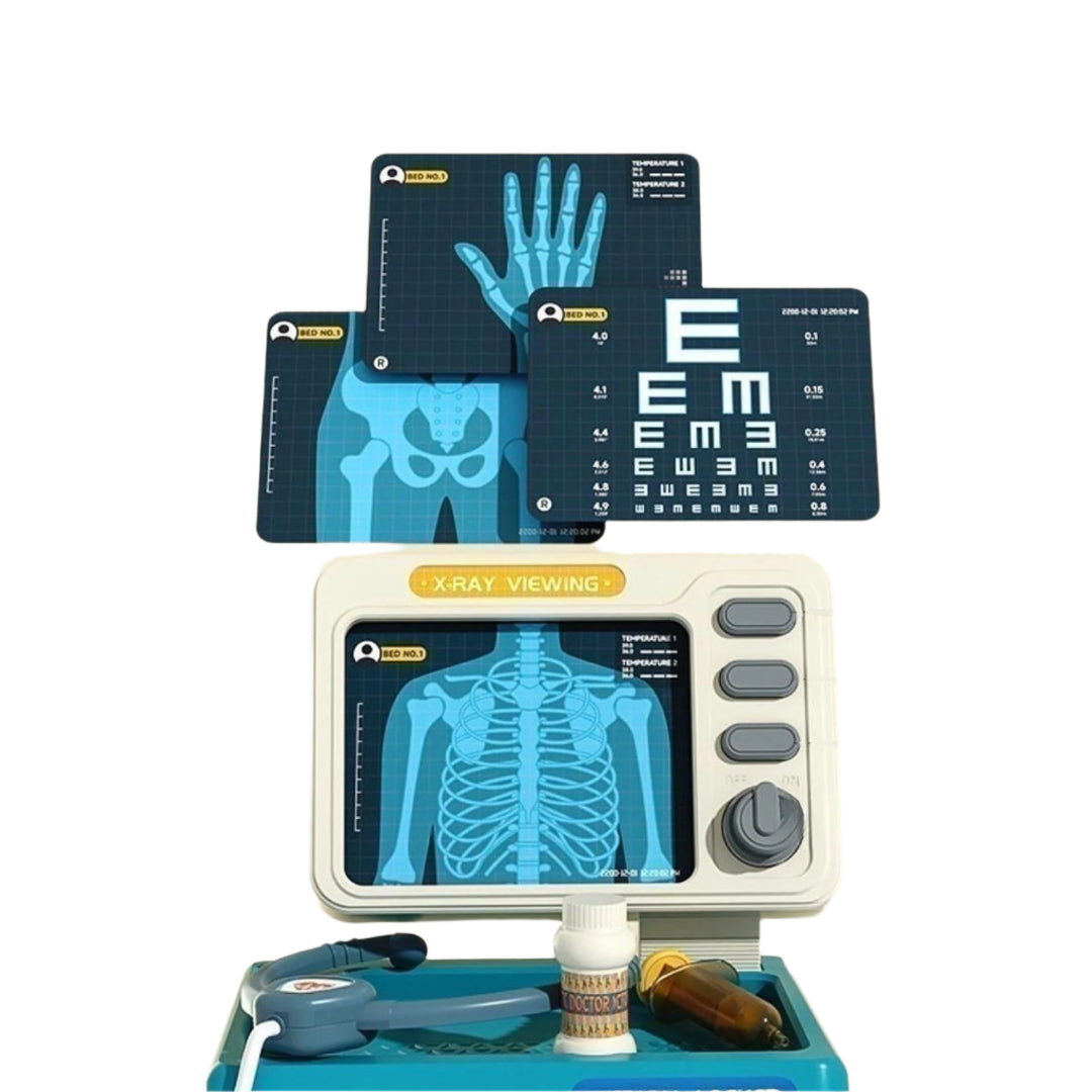 Pretend X-ray viewer with chest, hand, and pelvis cards plus an eye chart