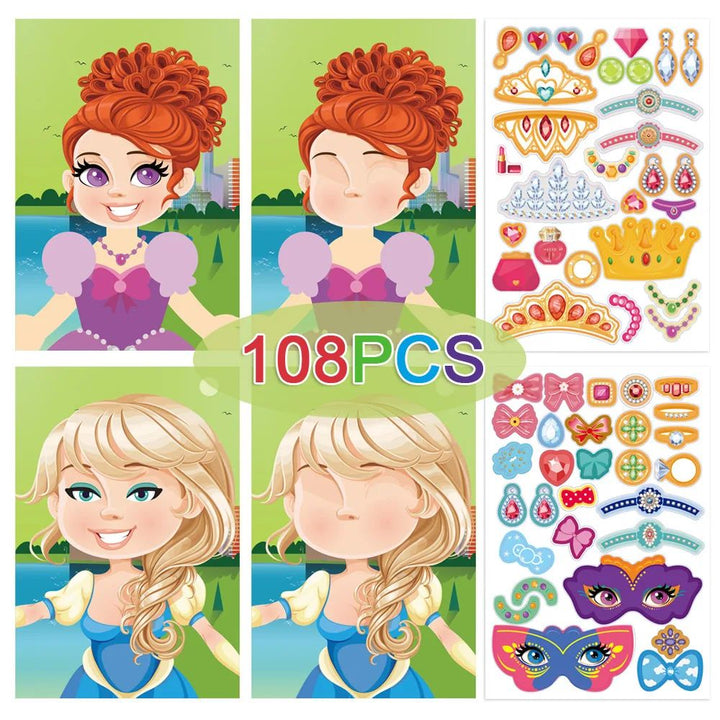 Princess theme with blank and finished character faces, jewelry stickers, and 108 stickers total