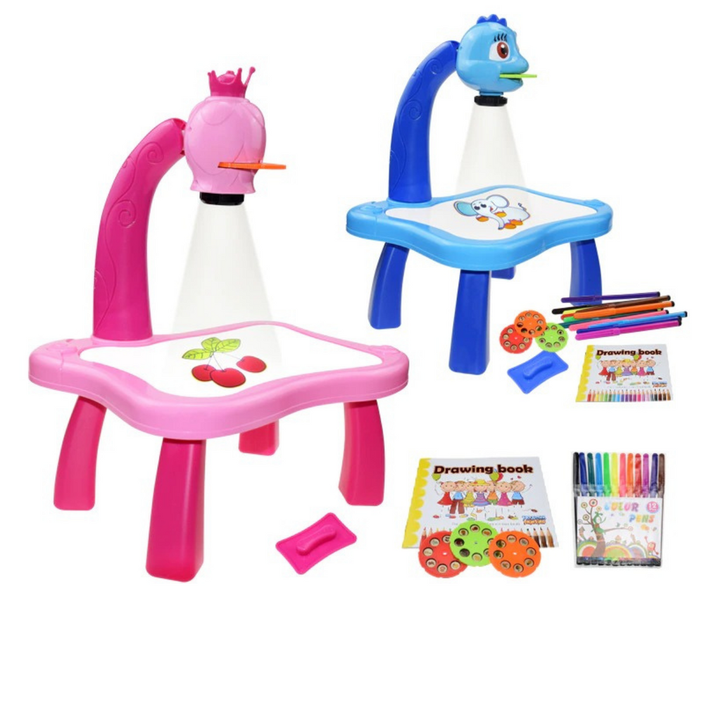 Pink princess and blue animal drawing projectors with picture discs, coloring supplies and drawing books