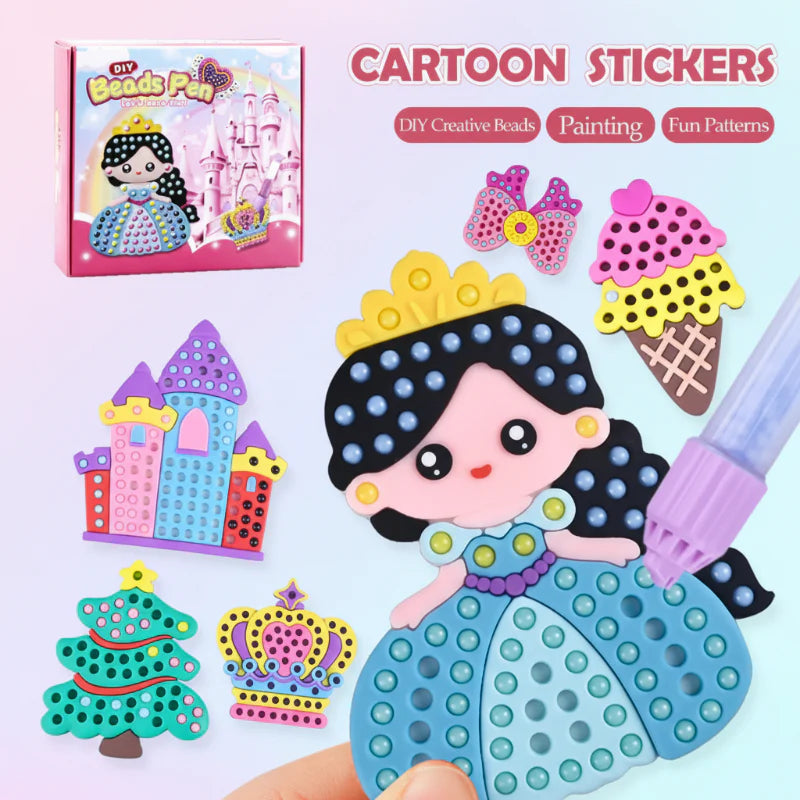 Bead applicator filling a princess template beside crown, castle, ice cream, and tree designs