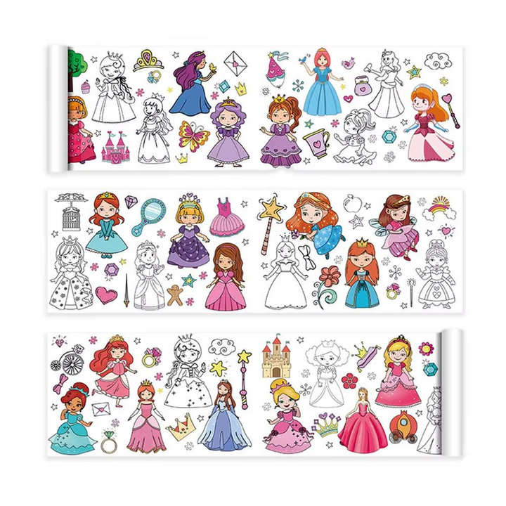 Princess coloring roll with gowns, crowns, and castles, shown partly colored