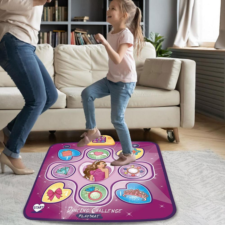 Child and adult dancing together on a purple Princess dance mat