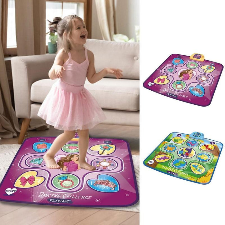 Child dancing on the Princess mat with Princess and Dino designs shown alongside