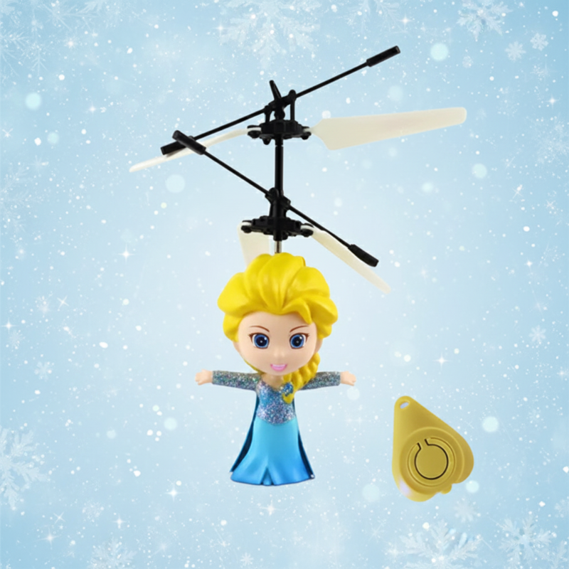 Princess flying toy with blonde hair, a blue dress, rotor blades, and a yellow remote