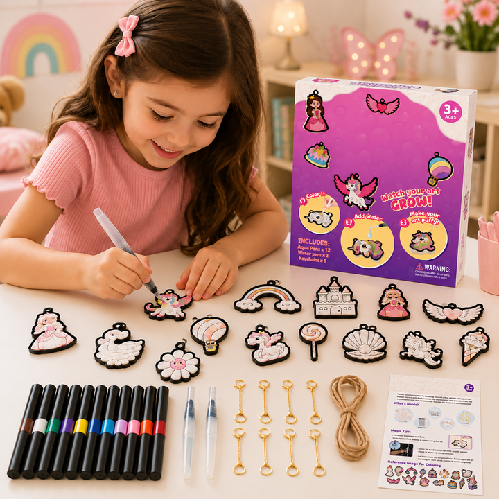 Child coloring a princess-themed paper charm beside markers and finishing accessories