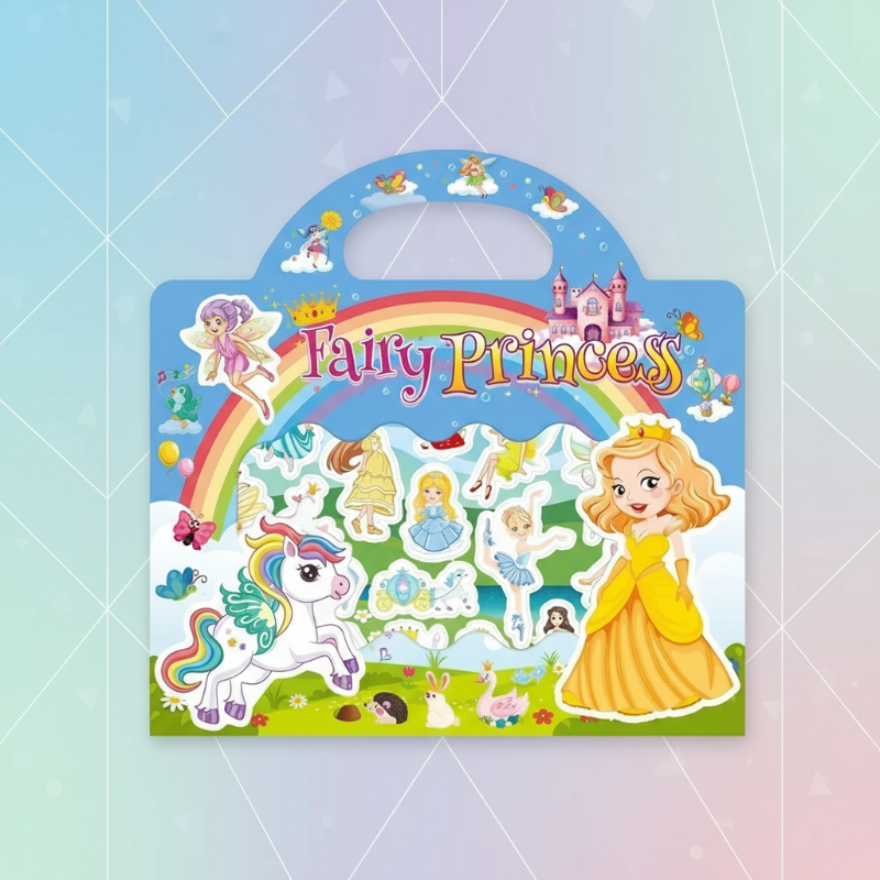 Princess-themed sticker book with a princess, unicorn, castle, and carry handle.