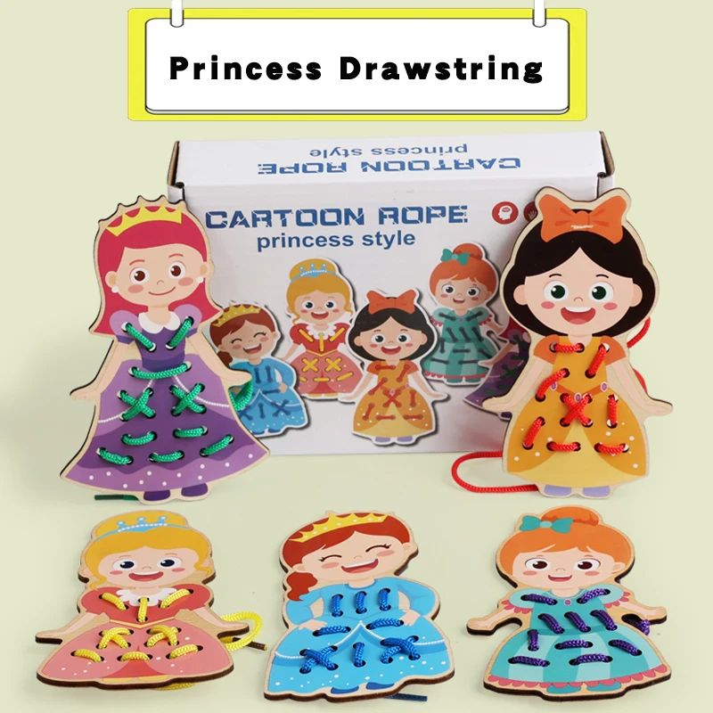 Princess-themed wooden lacing boards with colorful cords and a box