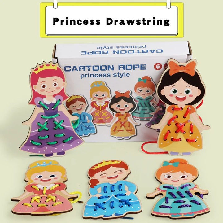 Princess-themed wooden lacing boards with colorful cords and a box