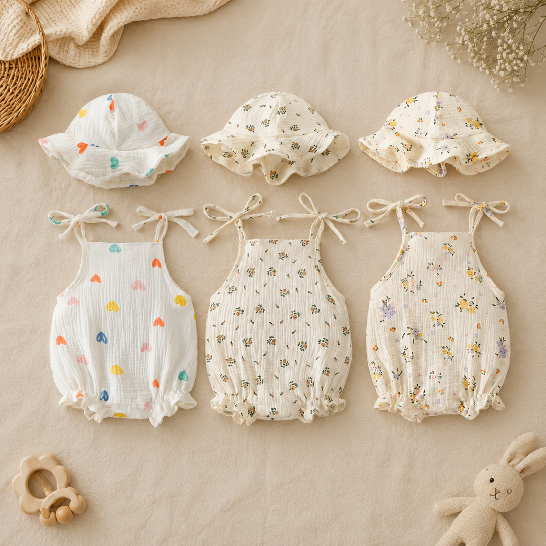 Three printed baby bodysuits with matching brimmed hats laid out on a neutral blanket