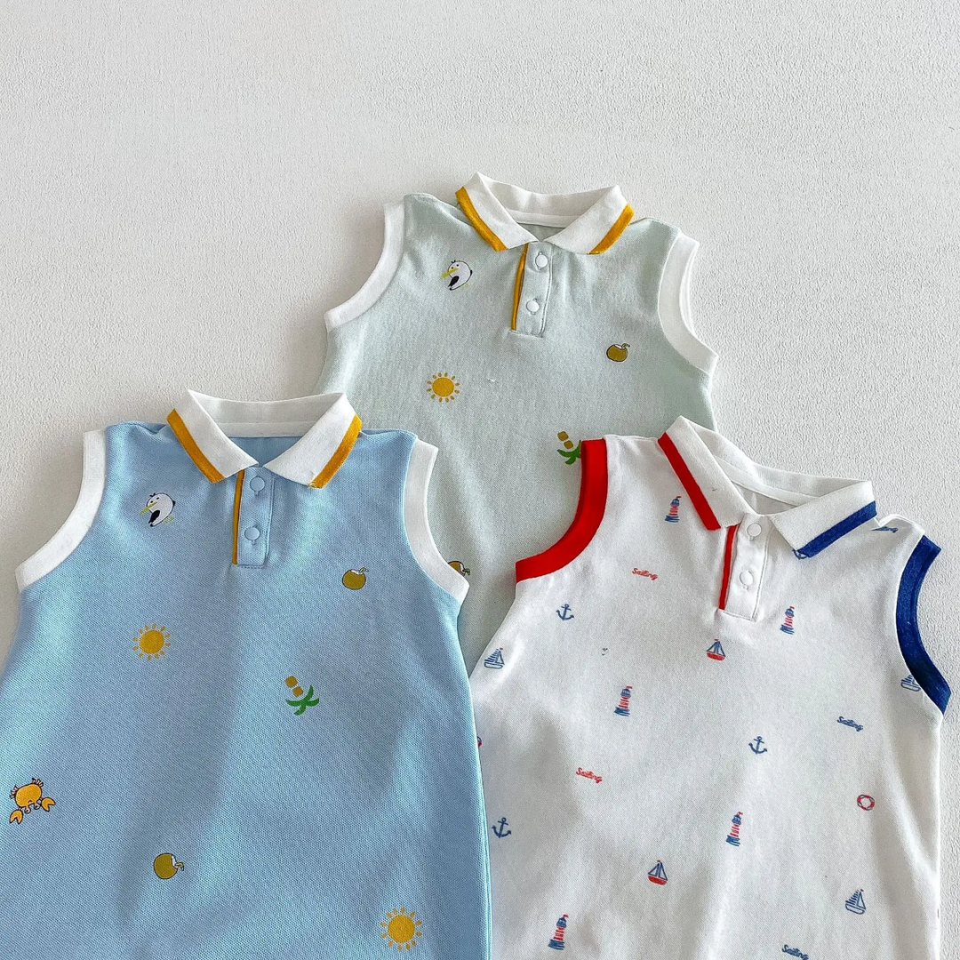 Collars and small colorful prints on light blue, light green, and white baby polo rompers