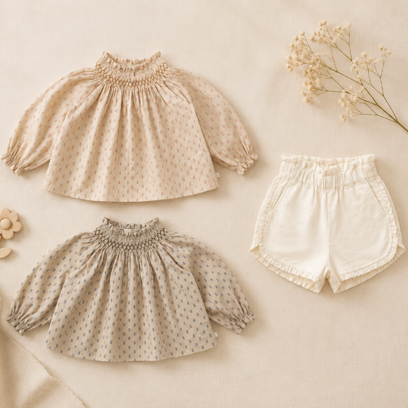Two printed children's tops in warm neutral shades beside white elastic-waist shorts