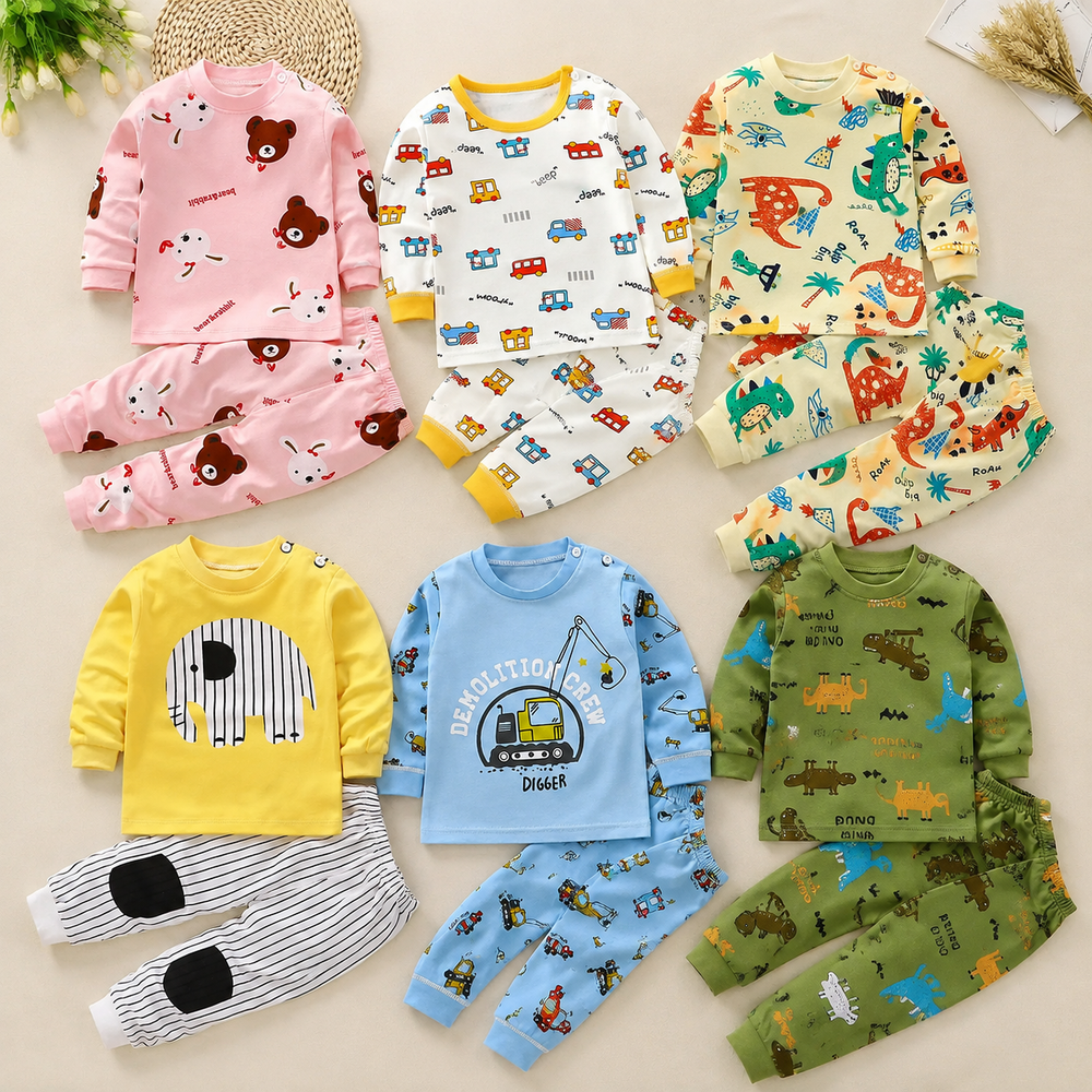 Six long-sleeve pajama sets with bear, vehicle, dinosaur and elephant prints