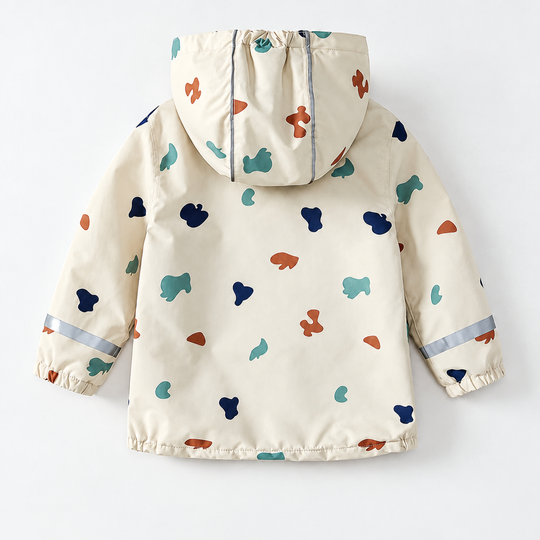 Back of the cream printed rain jacket showing the hood and gray sleeve bands.