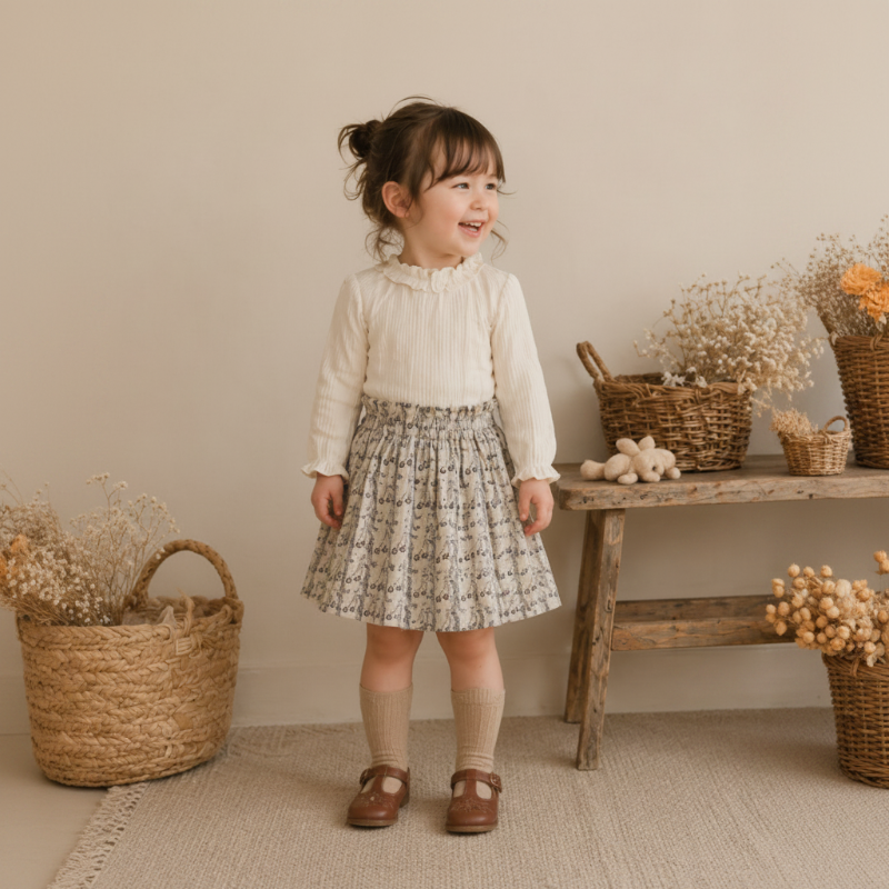 Girl wearing a printed skirt with a cream top, knee-high socks, and brown shoes