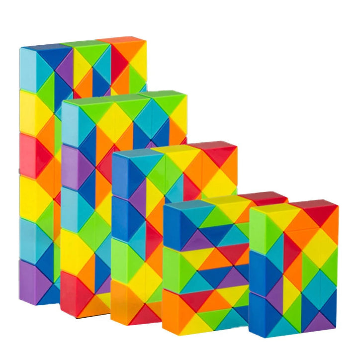 Multicolor snake puzzles folded into rectangular forms of different heights.