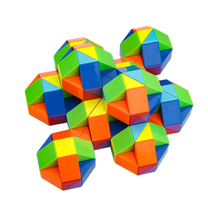 Colorful snake puzzle segments arranged in a cluster of geometric ball shapes.