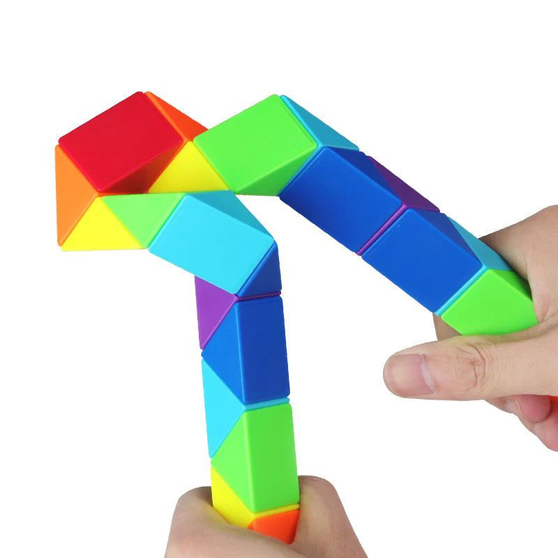 Hands twisting the connected multicolor segments of a snake puzzle.