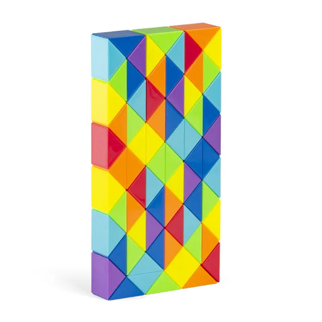 Multicolor snake puzzle folded into a tall rectangular form with triangular color patterns.