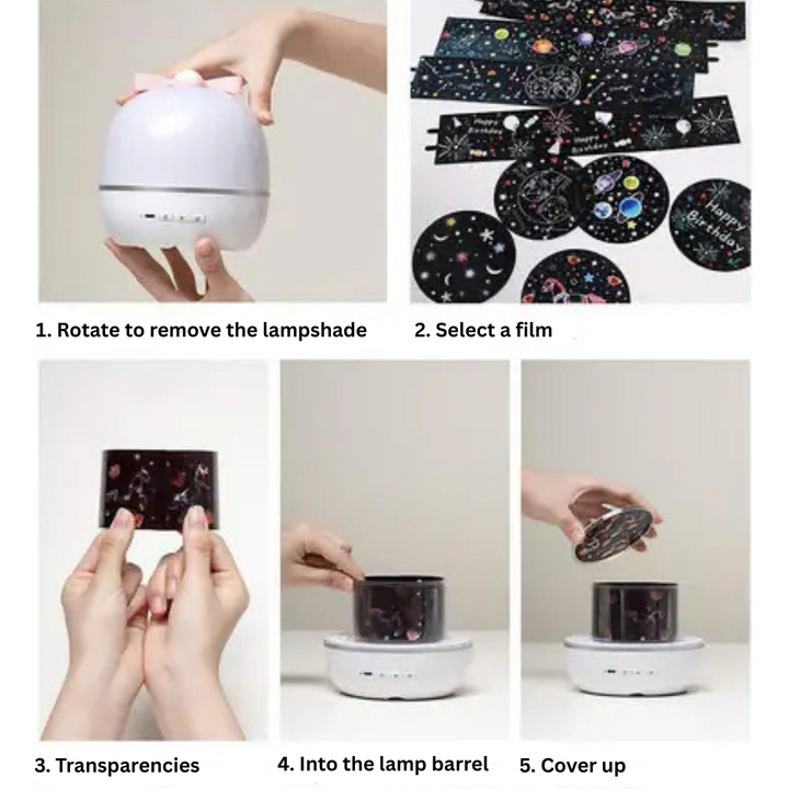 Step-by-step guide showing lampshade removal and projection film placement