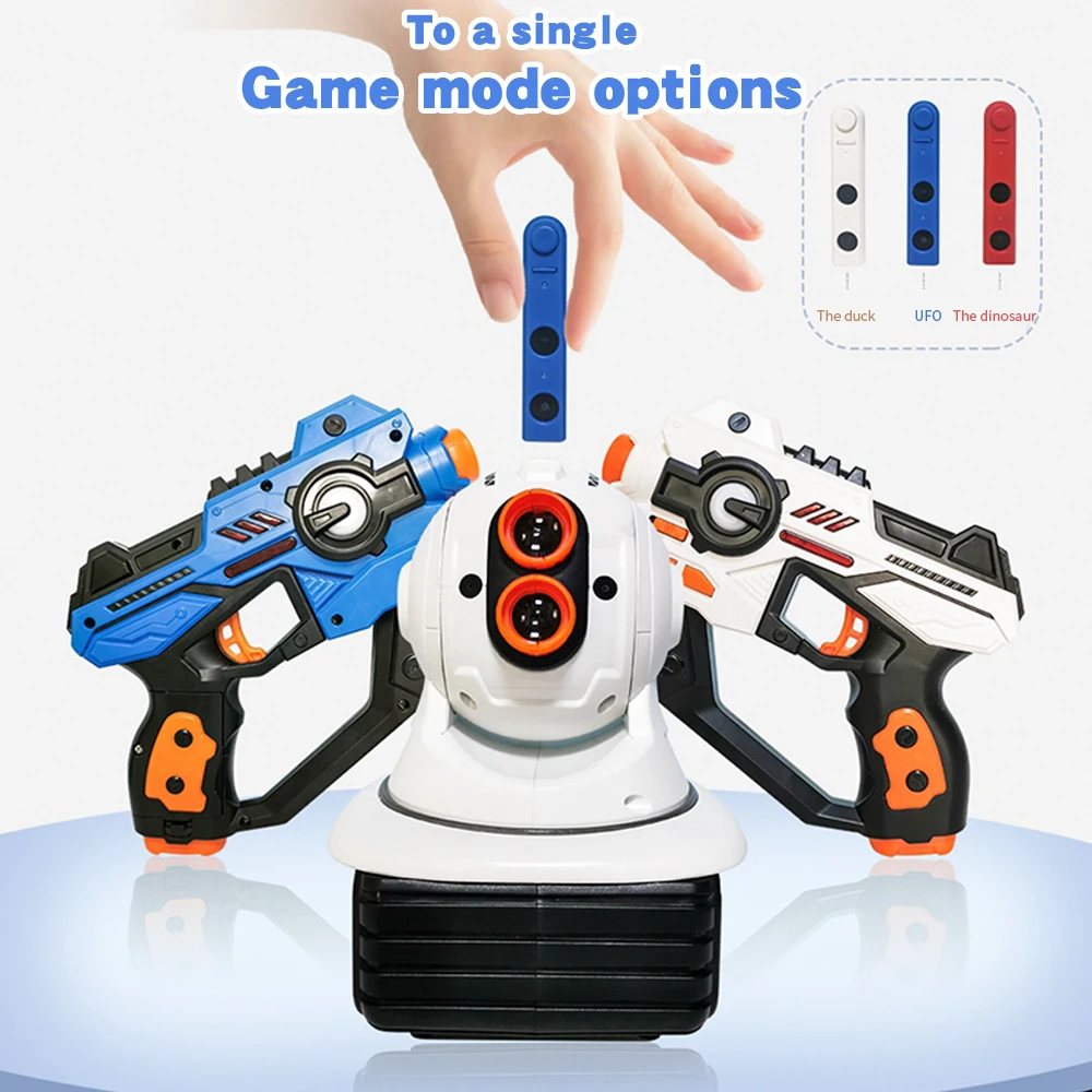 Blue and white blasters with a tabletop projector and three colored projection inserts.