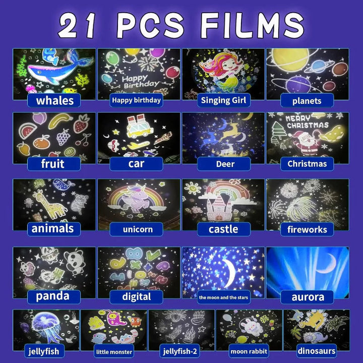 Grid of projection film designs featuring planets, animals, birthdays, fireworks, and ocean scenes.