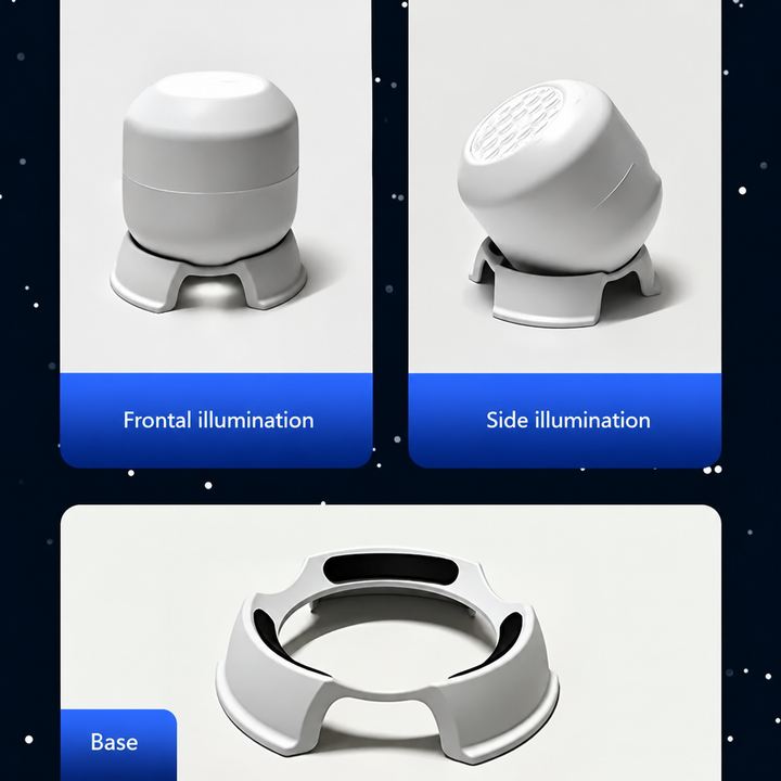 Front and tilted views of the white projector night light with its support base shown separately