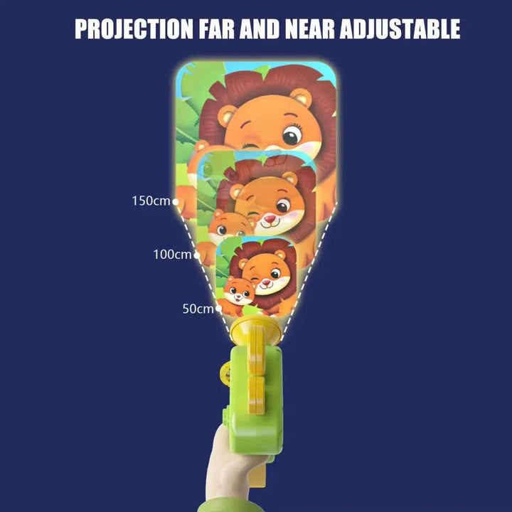Projector flashlight graphic showing picture sizes at distances of 50, 100, and 150 cm