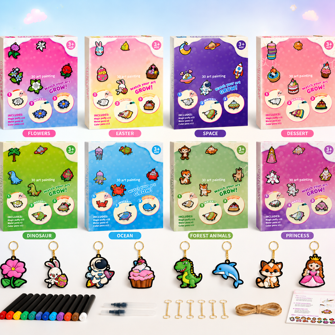 Eight themed craft kits with colored paper charms, markers, water pens, keychain clips, and string