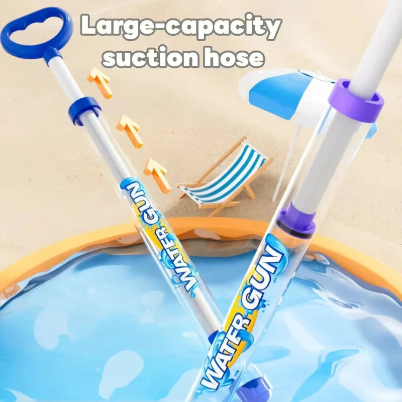 Blue and purple pump water guns shown drawing water from a small pool.