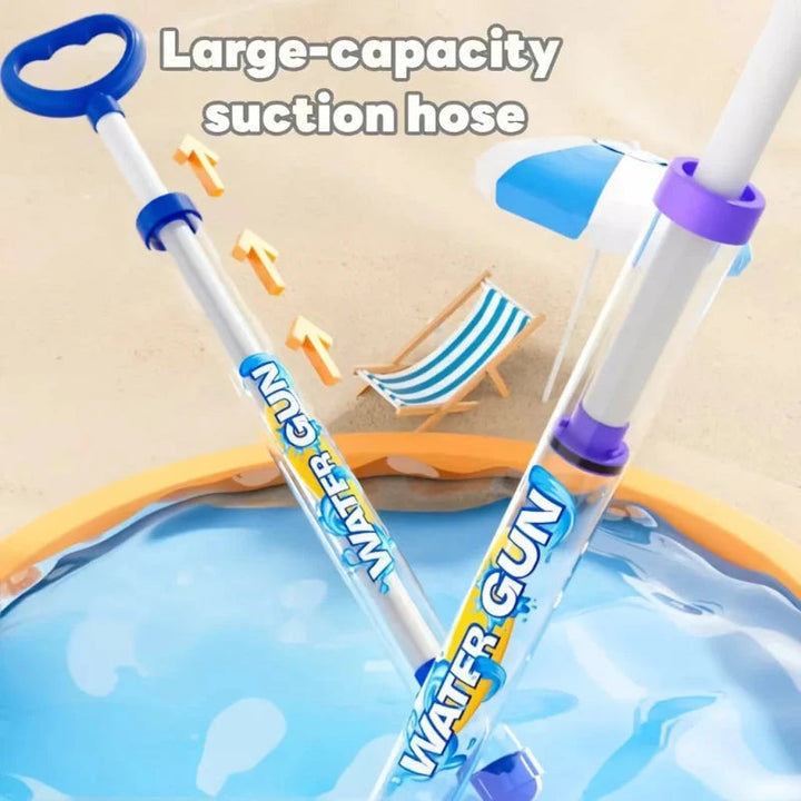 Blue and purple pump water guns shown drawing water from a small pool.