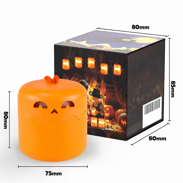 Pumpkin lantern and retail box with labeled product and packaging dimensions