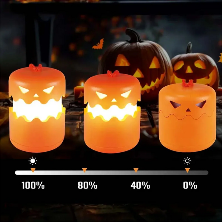 Illuminated and unlit pumpkin lanterns shown above a brightness scale