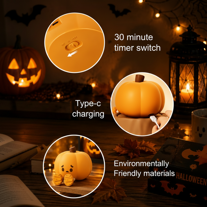 Pumpkin lamp detail views showing the timer switch and USB-C charging connection