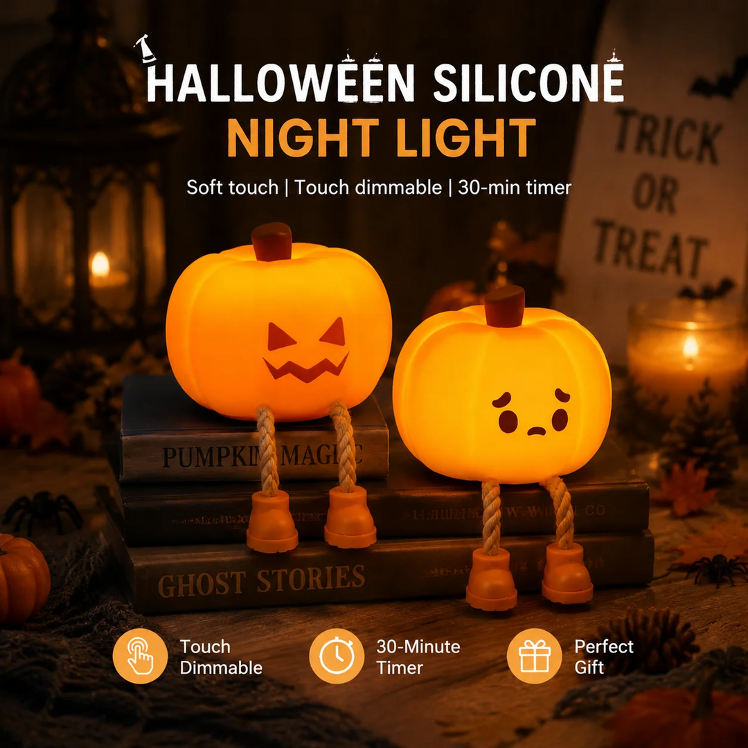 Two pumpkin silicone night lights with touch-dimming and 30-minute timer callouts