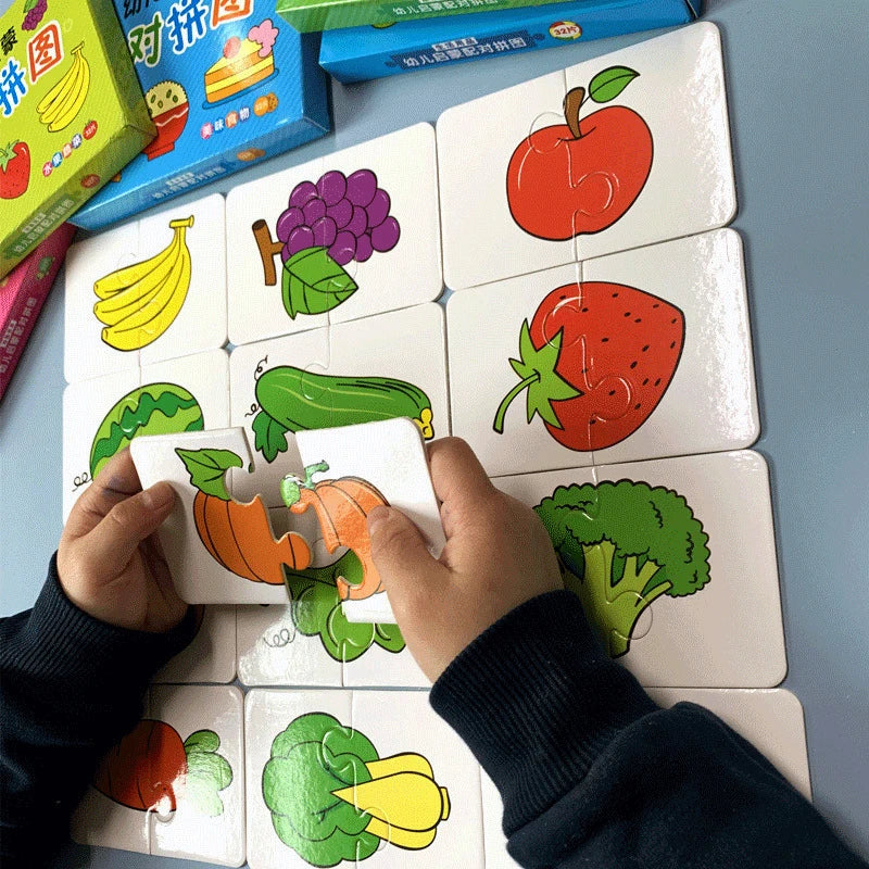 Hands holding pumpkin puzzle pieces among colorful fruit and vegetable cards