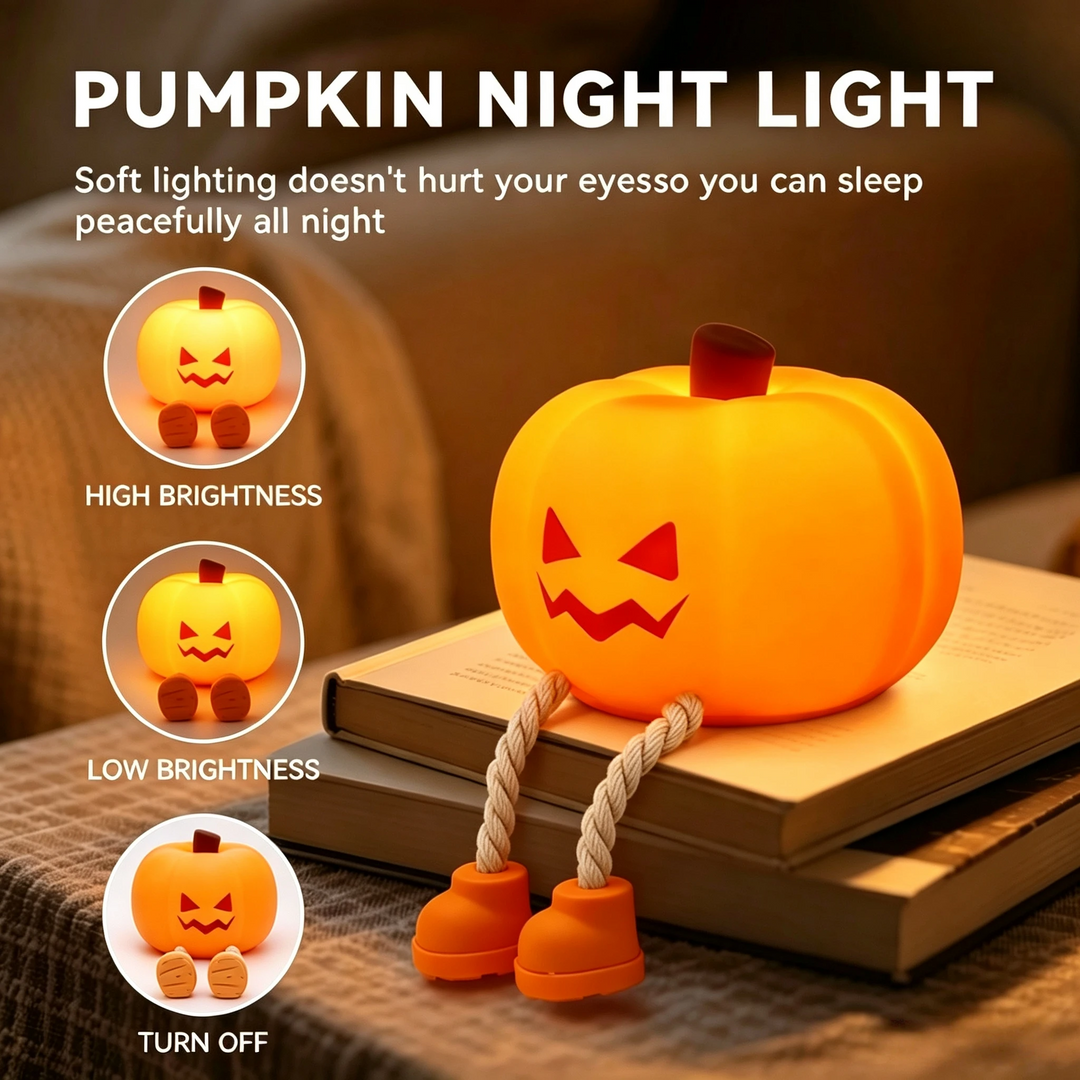 Pumpkin night light with bright, dim, and off setting examples