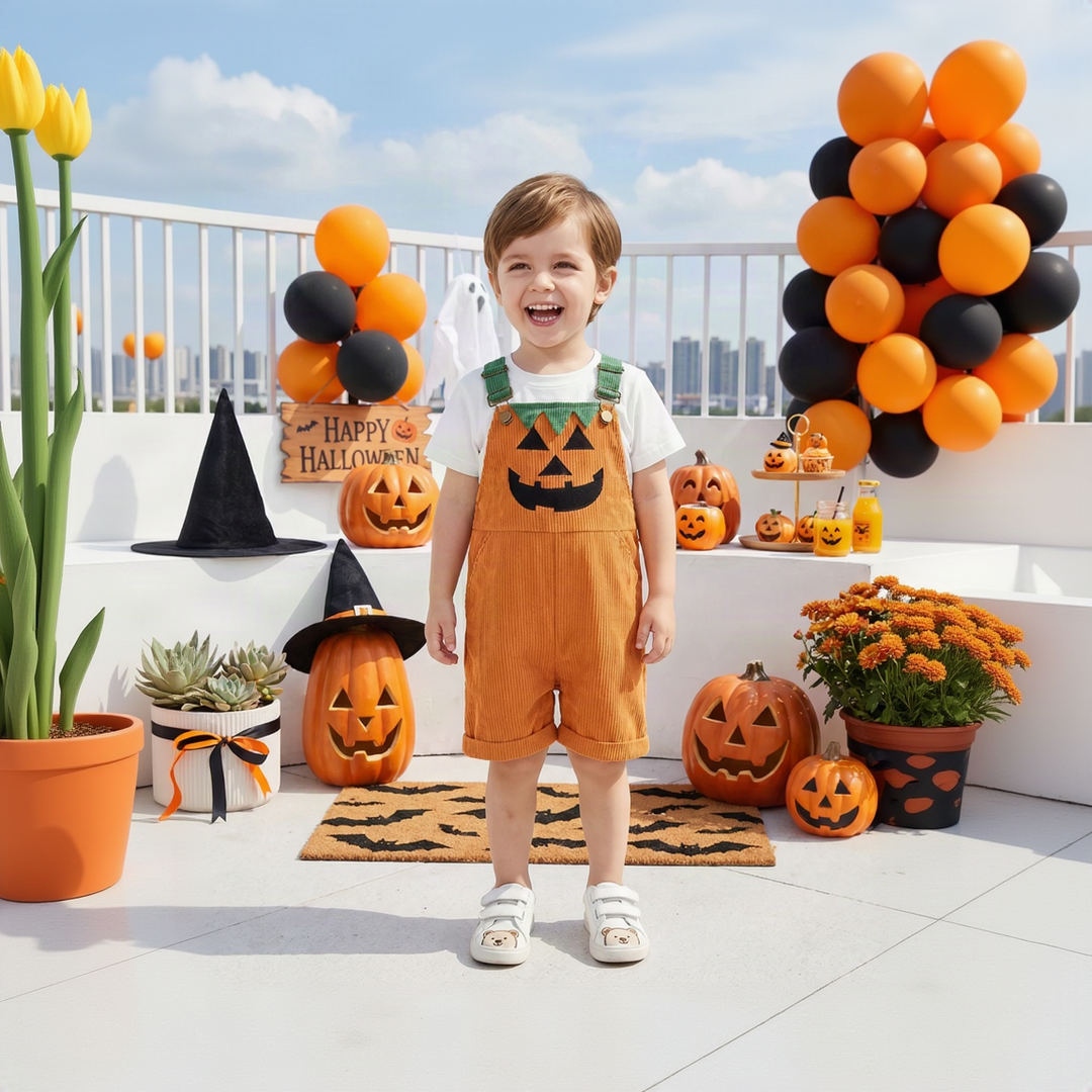 Child wearing orange pumpkin overalls with green straps beside a black-and-orange Halloween balloon display.