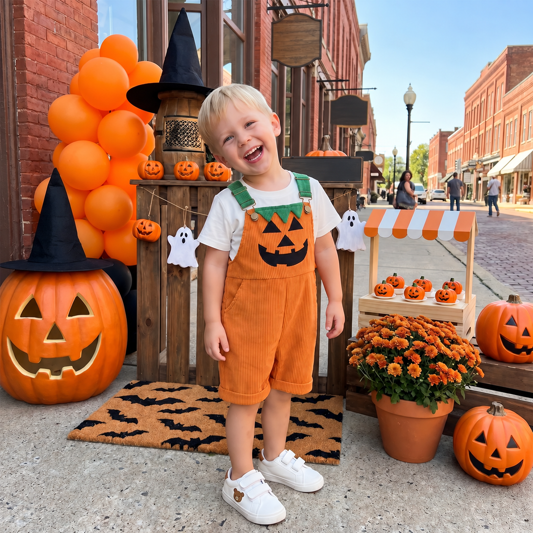 Child wearing orange pumpkin overalls over a white T-shirt beside pumpkins and orange balloons.