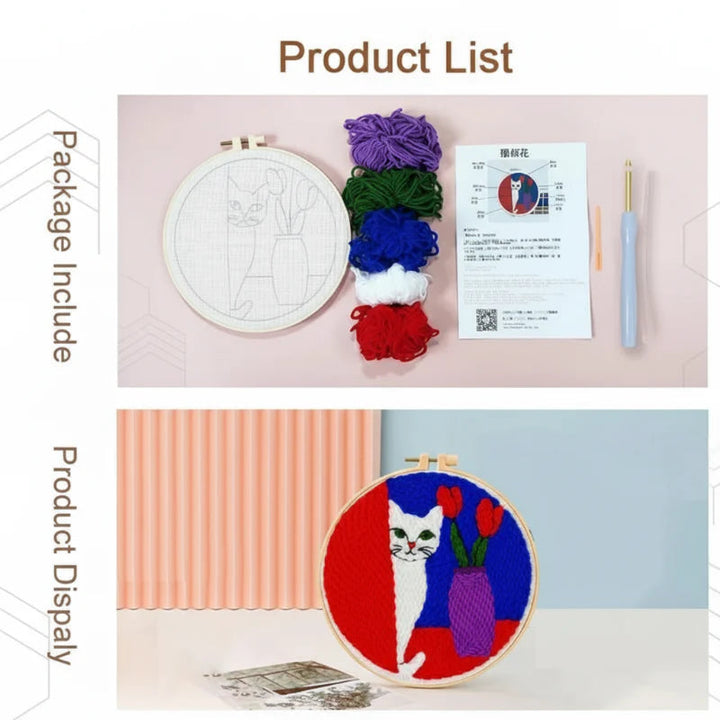 Printed fabric, yarn, instructions, and punch needle tools above a finished cat-and-flower hoop