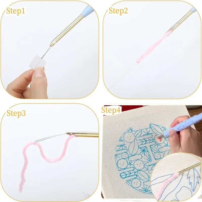 Four-step guide to threading a punch needle and stitching a printed fabric pattern.