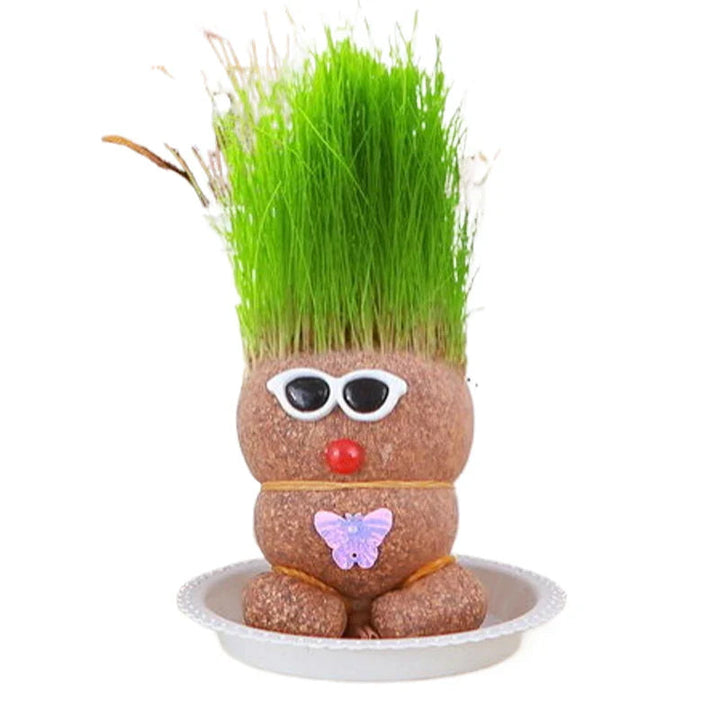 Punk-style figure with tall grass, white sunglasses, and a purple butterfly in a white bowl