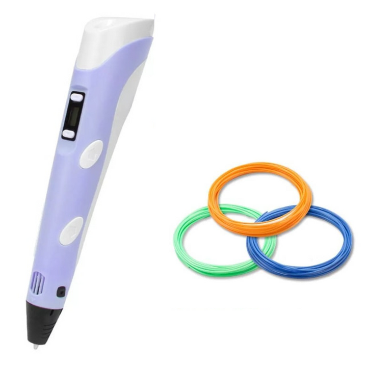 Purple 3D drawing pen with orange, green and blue filament coils