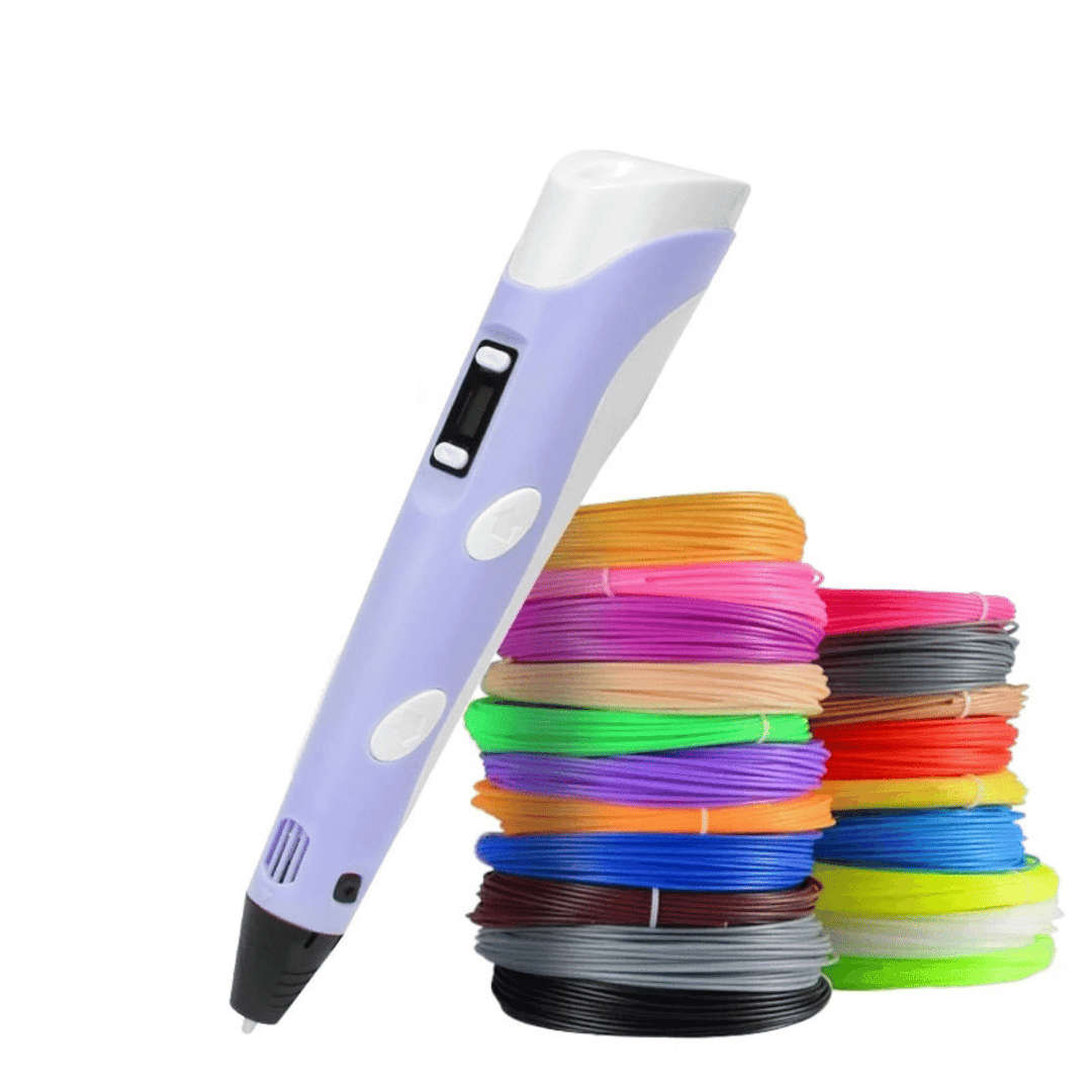 Purple 3D drawing pen beside stacks of multicolored filament