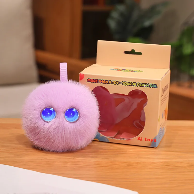 Purple round AI plush toy with blue eyes beside its retail box