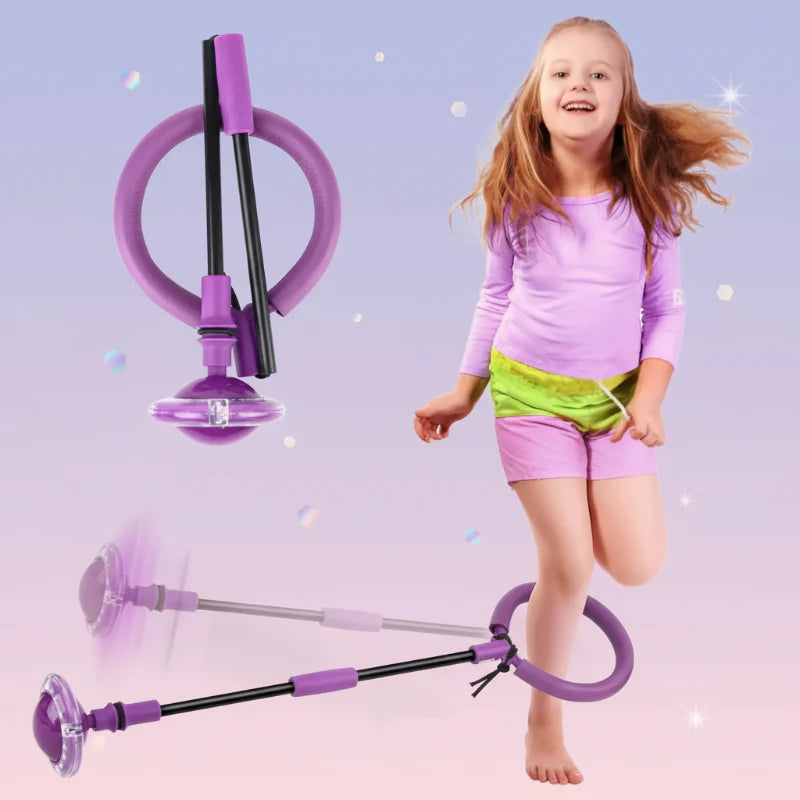 Purple ankle skip ball shown folded and extended beside a child jumping